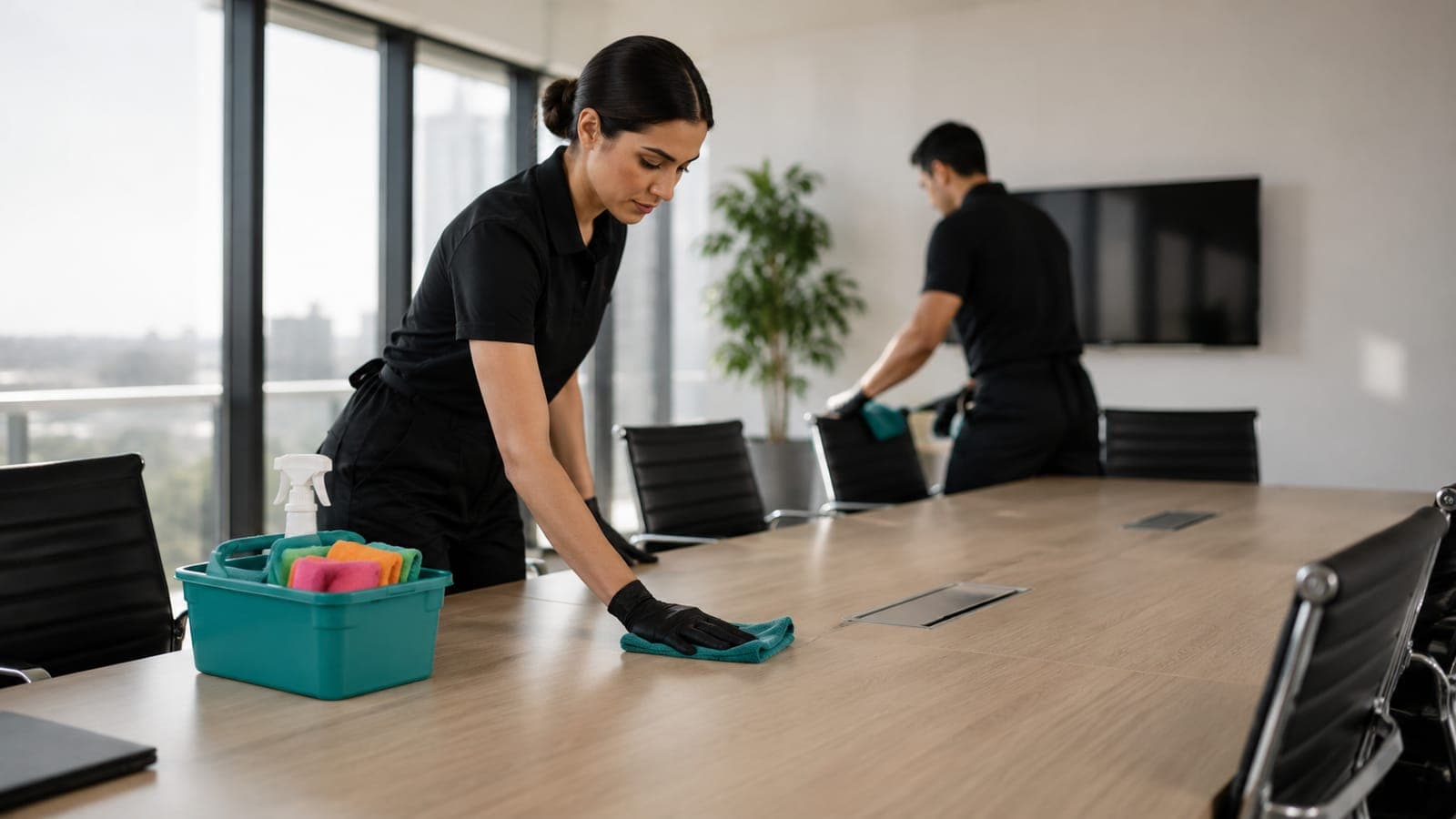 Reinigungskraft von Cleanmaster 1974 wischt einen Tisch im Büro